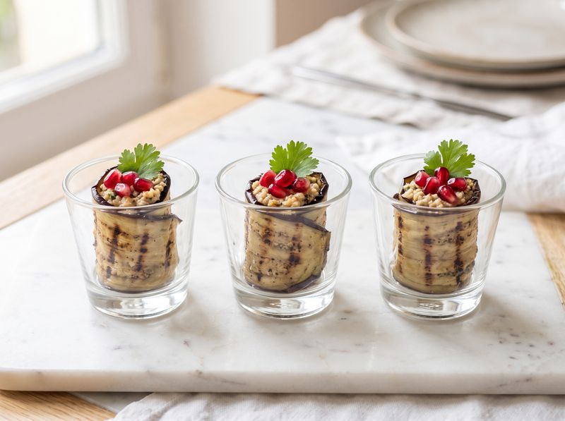 Auberginen-Röllchen mit Walnusscreme und Granatapfel im Gläschen