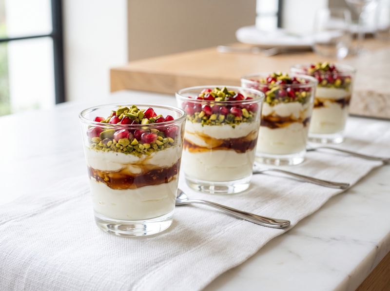 Joghurt mit Honig, Pistazie und Granatapfel im Gläschen