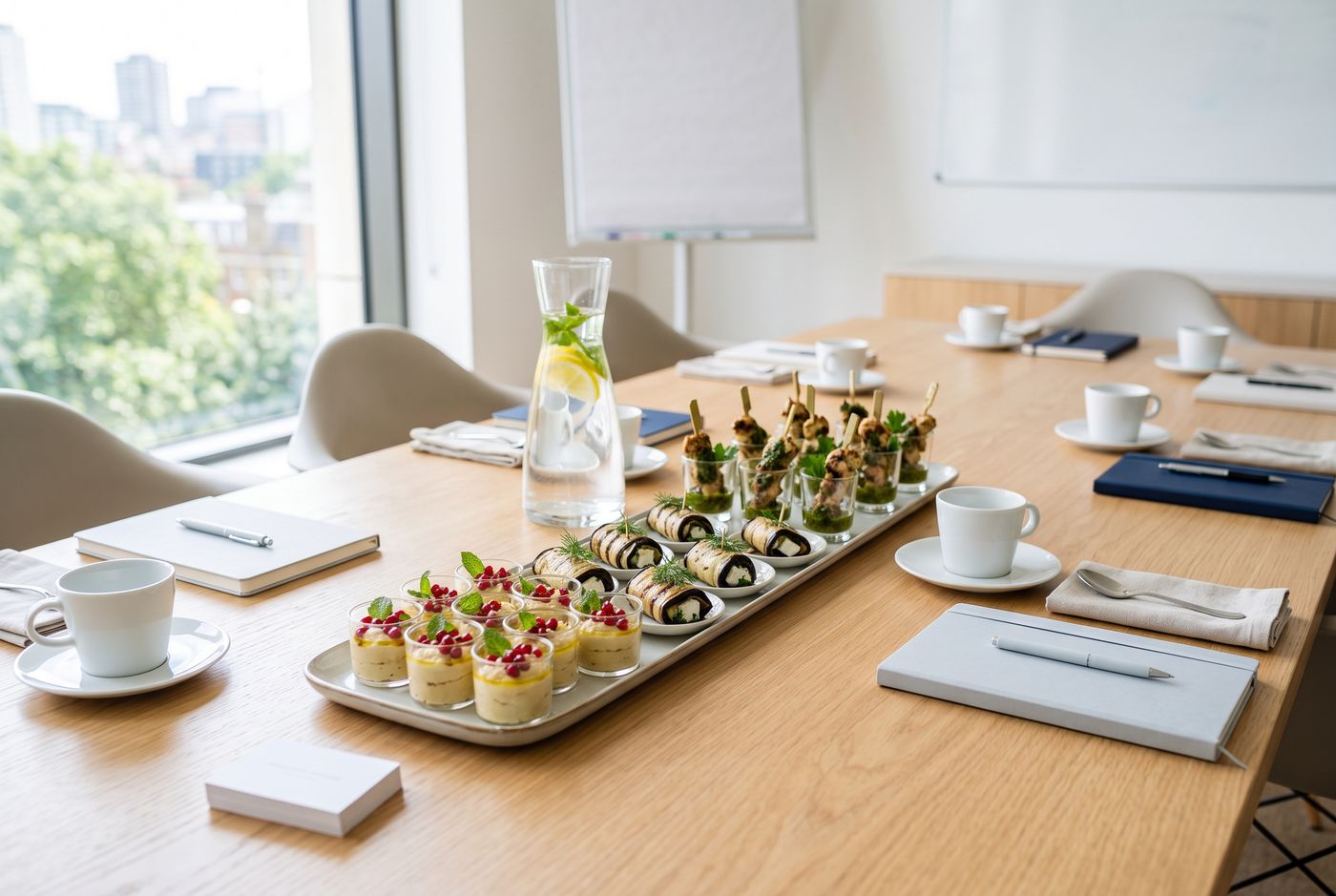 Meetingtisch mit Fingerfood im Gläschen, Kaffee und Wasser