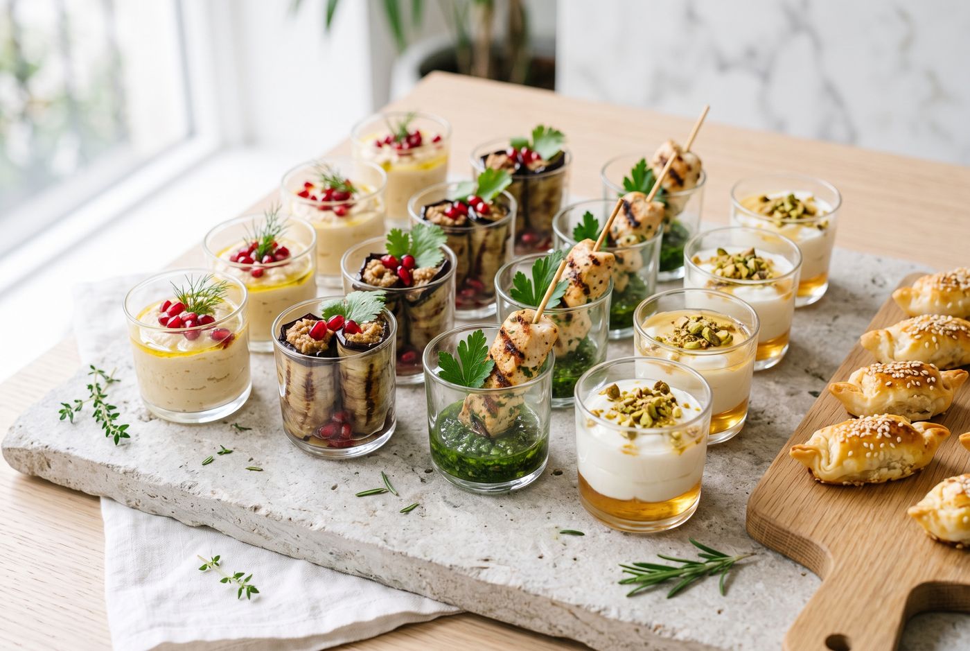 Fingerfood im Gläschen: Hummus mit Granatapfel, Auberginen-Röllchen, Hähnchen-Spießchen, Desserts, dazu Käse-Teigschiffchen