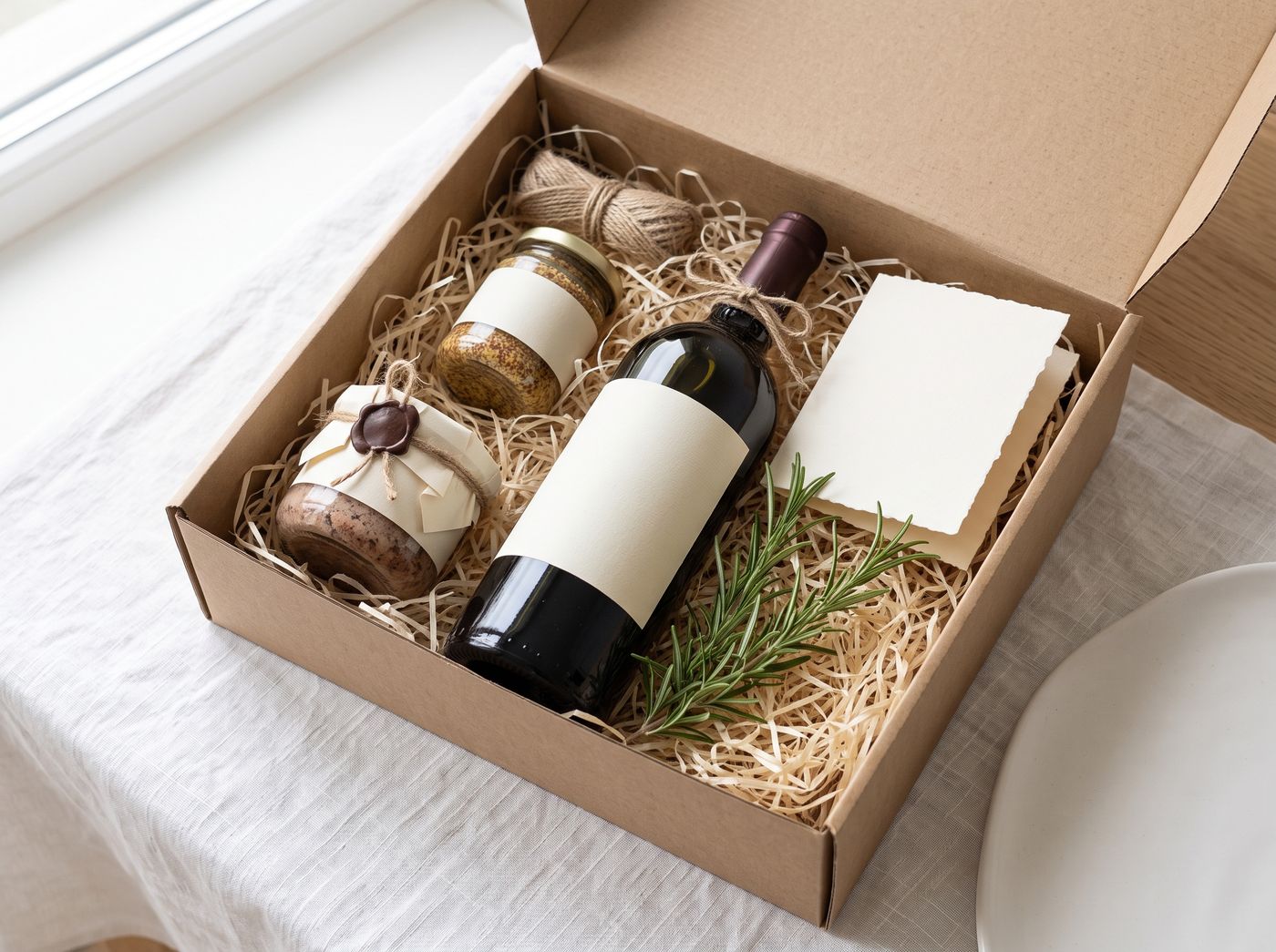Präsentbox aus Kraftkarton mit Rotwein, zwei Gläsern Pastete, Senf, Grußkarte und Rosmarin