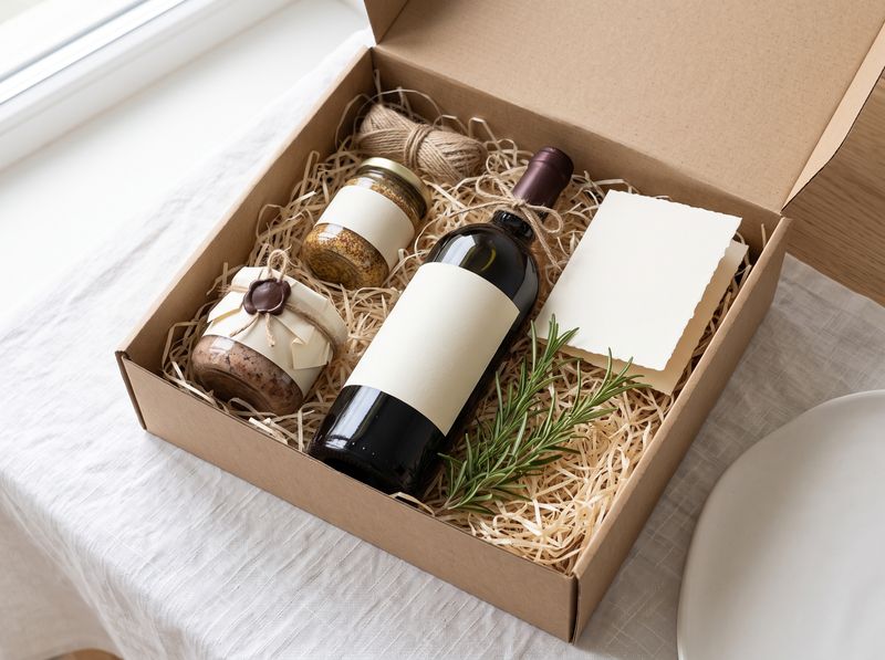 Offene Präsentbox mit Wein, Pastete und Senf