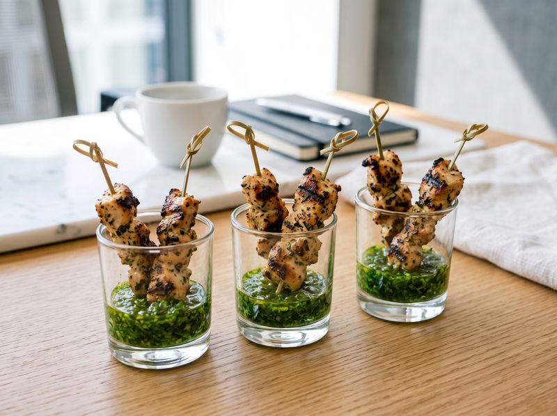 Hähnchen-Spießchen im Glas auf Kräuter-Chimichurri